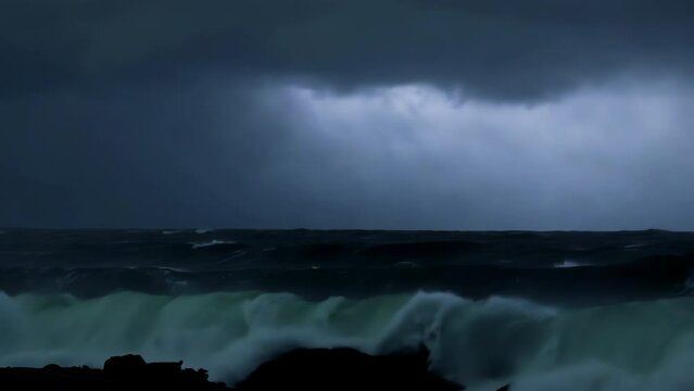 Dramatic thunderstorm over turbulent ocean, lightning strikes and crashing waves