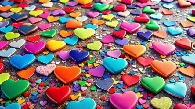 Vibrant heart shapes in various sizes and colors are scattered and floating on a subtle gradiated background, evoking romantic ambiance.