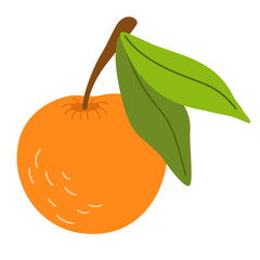 Orange with leaf. Tropical fresh fruit drawn in simple doodle style. Whole exotic citrus icon. Healthy vitamin food. Colored flat vector illustration isolated on white background