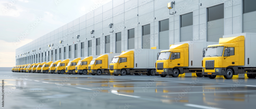 Poster Delivery trucks lined up outside a fulfillment center ready for dispatch symbolizing efficient logistics and timely delivery.