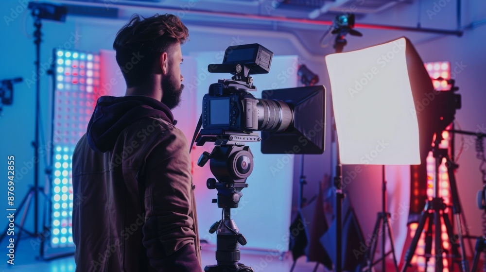 Aufkleber a young filmmaker sets up a camera on a tripod in a studio setting, surrounded by lights and equipme