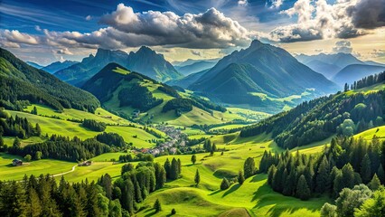 Obraz premium Beautiful mountain green valley landscape panorama, mountain, green, valley, landscape, scenery, panoramic, nature