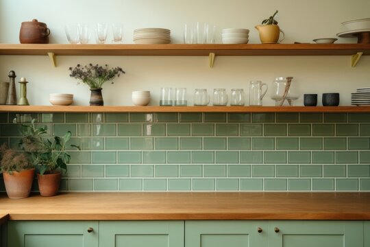 Front wood green kitchen furniture shelf architecture.