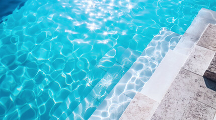 Sunlit swimming pool steps with sparkling clear water creating mesmerizing light reflections on the pool tiles.
