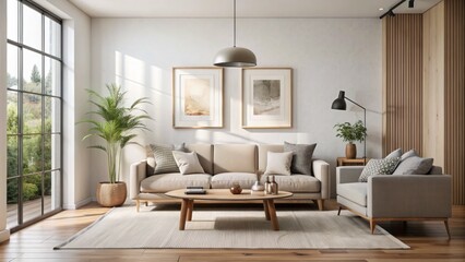 Fototapeta premium Aesthetic blank horizontal poster frame mockup in sleek modern living room interior with minimalist white walls and elegant wooden flooring