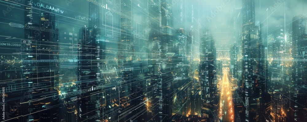 Poster techno-economic metropolis: abstract futuristic cityscape with data streams of advancing urban devel