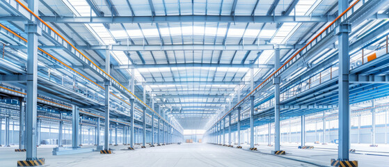 Obraz premium Industrial steel frame roof structure being constructed on a construction site.