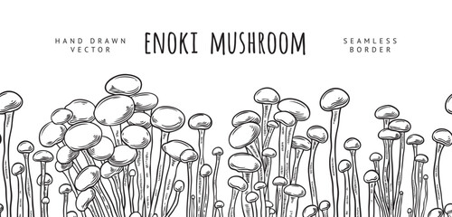 Seamless border of enoki mushrooms on a white background. Traditional Pan-Asian cuisine, organic healthy food. The edible mushroom has a long stem and a small cap. Hand drawn vector illustration.