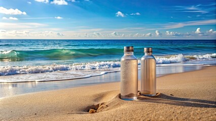 Eco-friendly reusable water bottles on sandy beach with calm ocean in the background, Eco-friendly, reusable, water bottles