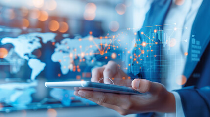 Fototapeta premium Legal expert reviews trade agreements on tablet, emphasizing compliance in global commerce.