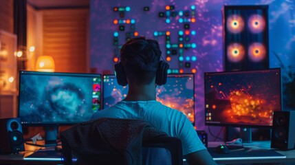A gamer sits in front of their computer, wearing headphones, in a dimly lit room, with colorful lights behind them.