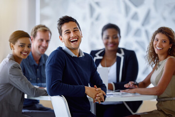 Business people, strategy meeting and teamwork in portrait for sales target and communication in office. Happy, corporate group and documents at table in conference room for collaboration and laugh