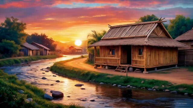 A charming bamboo house in a quaint village by a babbling river under the rising sun