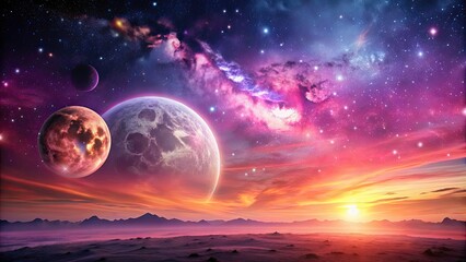 Pink sunrise illuminating the moon with galaxies and planets in the background, Pink, Sunrise, Moon, Galaxies, Planets