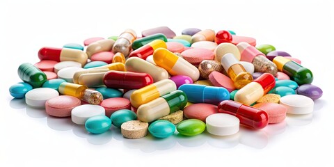 Assorted pharmaceutical medicine pills, tablets and capsules on a white background, medical, pharmacy