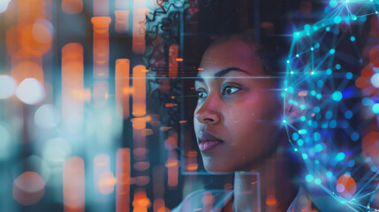 Portrait of a curly African American woman working in a modern office with a digital screen. A young employee is looking for new technologies. Technology concept.
