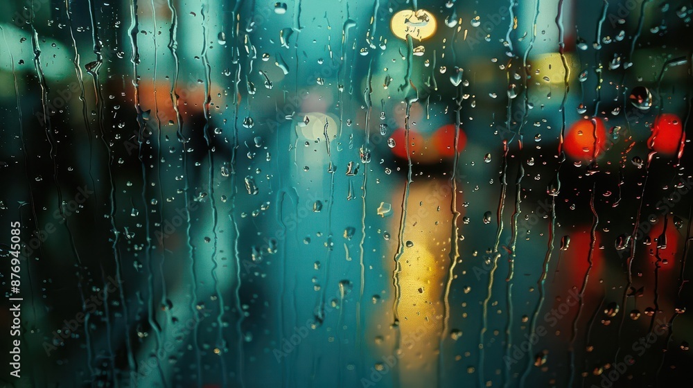 Poster raindrops on a foggy window creating a blurred effect.