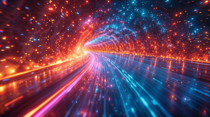 Fototapeta premium Sfondo digitale astratto con particelle e luci colorate che viaggiano alla velocità della luce