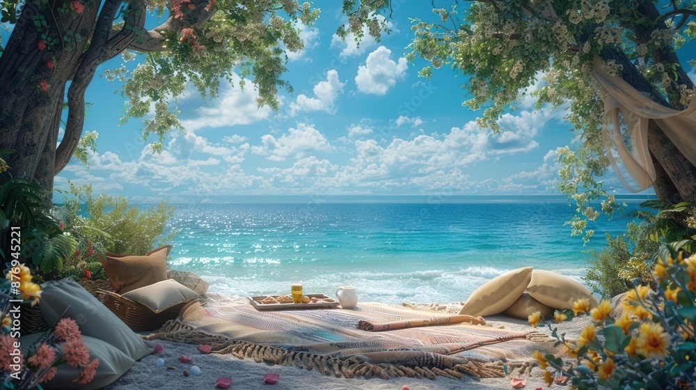 Poster a summer scene with a picnic setup and a view of the ocean