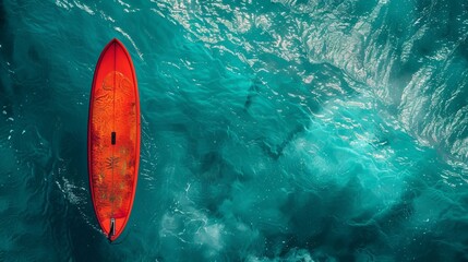 red color surfboard in the ocean. surfboard against the background of the ocean. summer vibe for surfers. copy space. top view