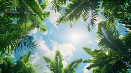 Fototapeta premium A sunny tropical background with palm trees and a blue sky. A view from below