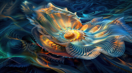 Fototapeta premium Luminescent Depths: Serene Undersea World with Glowing Clam and Abstract Symbolism
