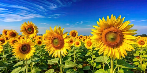 Obraz premium Field of vibrant yellow sunflowers under a clear blue sky , sunflower, yellow, flowers, field, agriculture, nature, outdoors