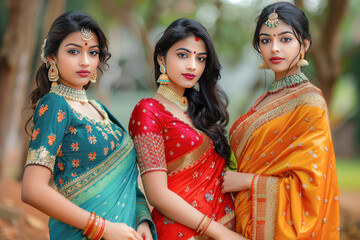three indian women in traditional saree