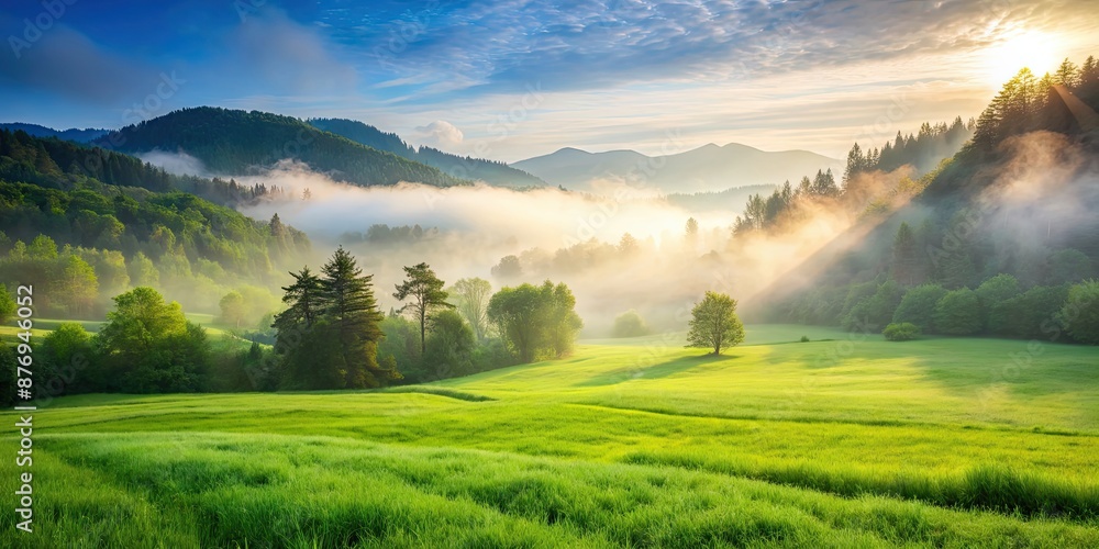 Poster Lush green meadow with a light mist rolling in, meadow, mist, fog, green, nature, peaceful, tranquil, serene, landscape, morning