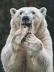 Fototapeta premium A very surprised and shocked polar bear with its mouth open and paws touching its head. Funny inspired animal