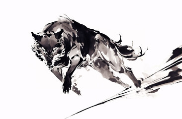 オオカミの水墨画