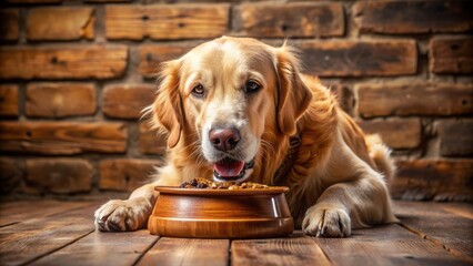 Fluffy golden retriever vigorously consumes kibble from a rustic wooden bowl on a worn stone floor in a cozy setting.