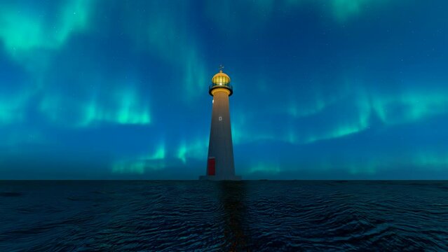 Lighthouse at sea under starry sky and northern lights at night