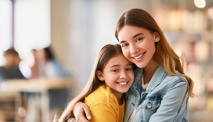 A young mother embraces a smiling young daughter, showcasing a moment of affection and joy in a warm, blurred indoor setting