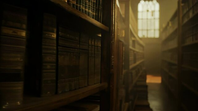 Sunlight streaming through old library stacks, atmospheric vintage interior