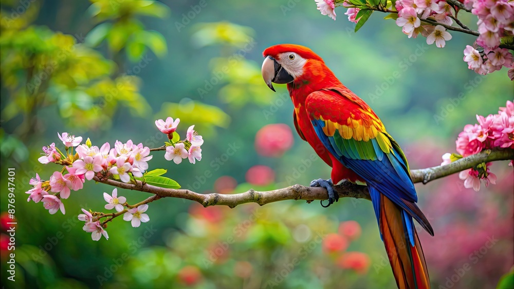 Wall mural Colorful parrot perched on a flowering branch in the rainforest, feathers vibrant against lush green backdrop