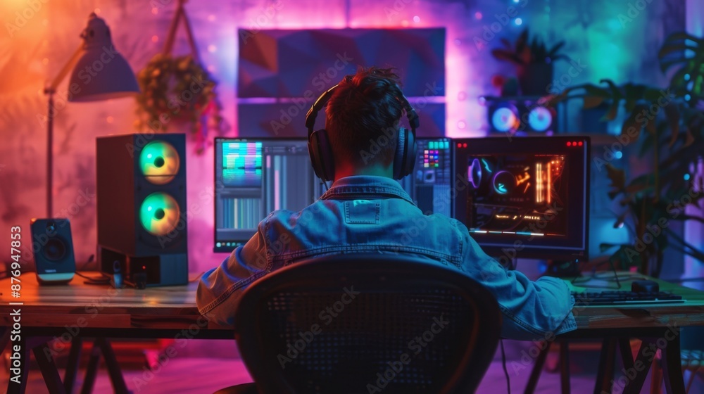 Poster a gamer sits at a computer desk in a dimly lit room with neon lights, playing a video game.