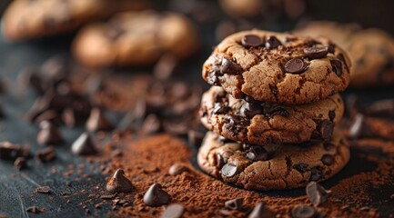Obraz premium sleepy chocolate cookies with cacao and chocolate chips on dark background, close up, stack of cookies in the background, chocolate pieces scattered around, food photography, product shot