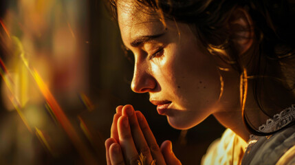 Close-up of a religious girl praying with folded hands in the rays of the sunset. A beautiful woman is religious and spends time alone with herself. Religion concept.