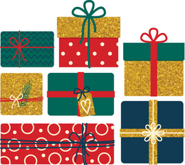 Vector set of christmas gift boxes in green, red, blue and gold colors. Cute hand drawn objects in flat style	