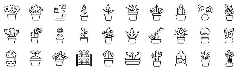 Set of 30 outline icons related to flowerpot. Linear icon collection. Editable stroke. Vector illustration