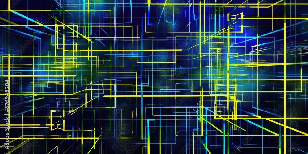 Poster dynamic 3d grid featuring vibrant blue and yellow glowing lines creating a futuristic visual effect.