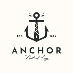 anchor lighthouse line art logo vector minimalist illustration design,navigation tower with anchor symbol design © Asnada