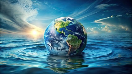 Fototapeta premium Planet Earth sinking into water due to global warming, climate change, environment, disaster