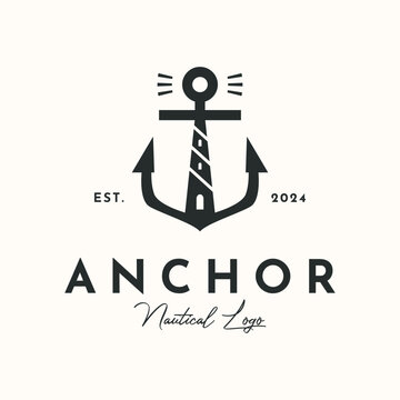 anchor lighthouse line art logo vector minimalist illustration design,navigation tower with anchor symbol design