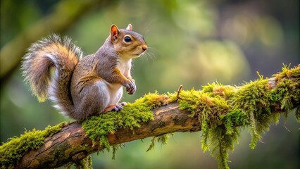Fototapeta premium Squirrel perched on a mossy tree branch, squirrel, branch, tree, nature, wildlife, cute, furry, rodent, animal, outdoors