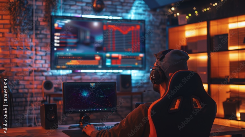 Poster a gamer sits at a desk in a brightly lit room, playing a video game. the room features exposed brick