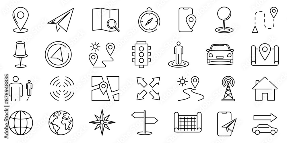 Poster map location and navigation icons set. linear icons set.