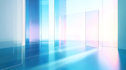 Futuristic interior with transparent glass walls and vivid gradients of sunlight