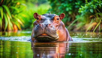 Fototapeta premium Joyful hippopotamus happily cooling off in a picturesque tropical waterhole, hippopotamus, waterhole, tropical, joyful